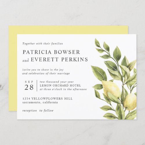 Lemons and leaves watercolor botanical wedding invitation