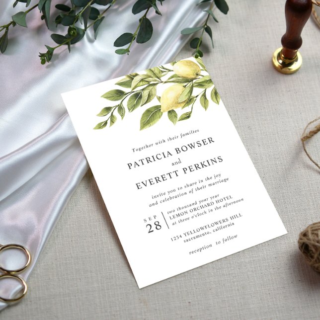 Lemons and leaves  watercolor botanical wedding invitation