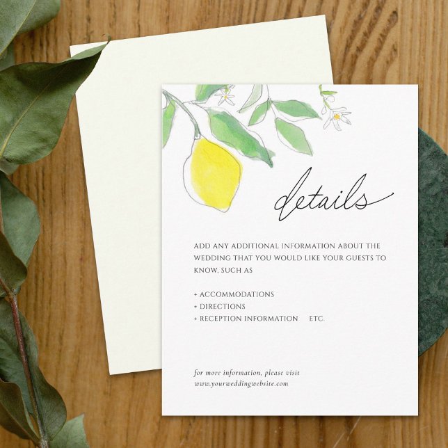Lemons and Leaves Watercolor Details Wedding  Enclosure Card (Creator Uploaded)