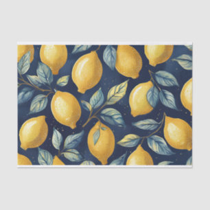 Lemons and Leaves Yellow Blue Pattern Decoupage Tissue Paper