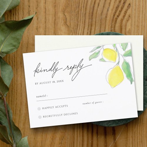 Lemons and Leaves Yellow Green Watercolor Wedding  RSVP Card