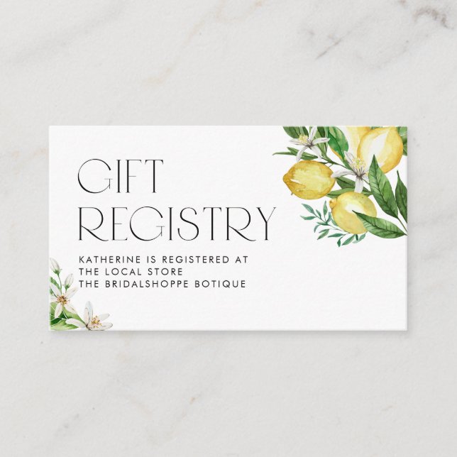 Lemons and Lemon Blossoms Baby Shower Registry Enclosure Card (Front)