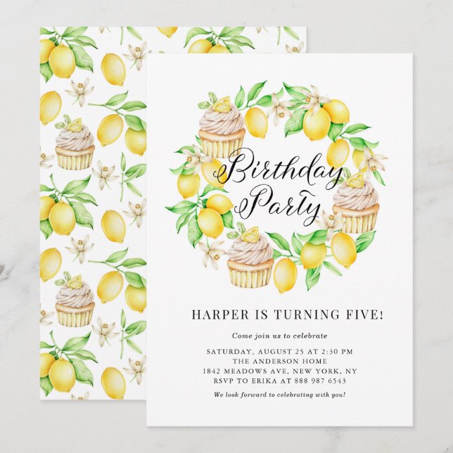 Lemons and Lemon Cupcakes Wreath Birthday Party Invitation (Front/Back)