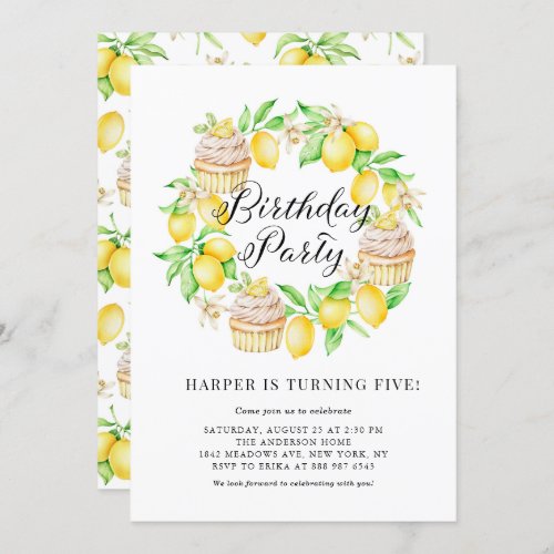 Lemons and Lemon Cupcakes Wreath Birthday Party Invitation