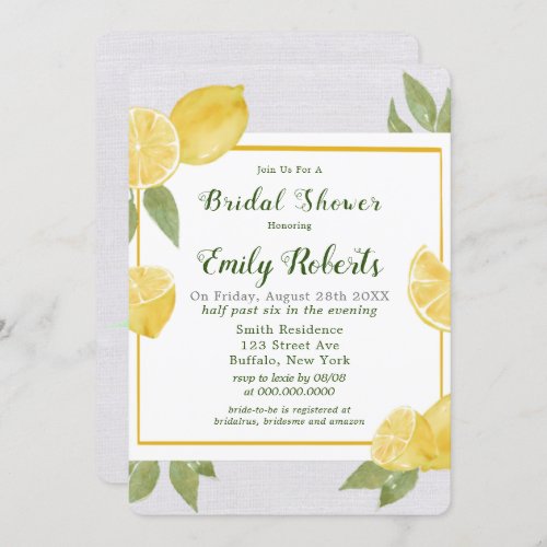 Lemons and Linen Watercolor Bridal Shower  Invitation