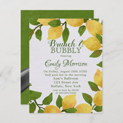 Lemons and Linen Watercolor Brunch  Bubbly  Invit Invitation