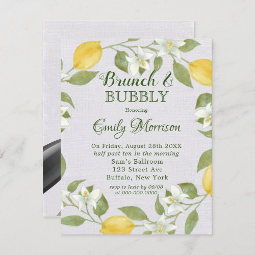 Lemons and Linen Watercolor Brunch  Bubbly  Invitation