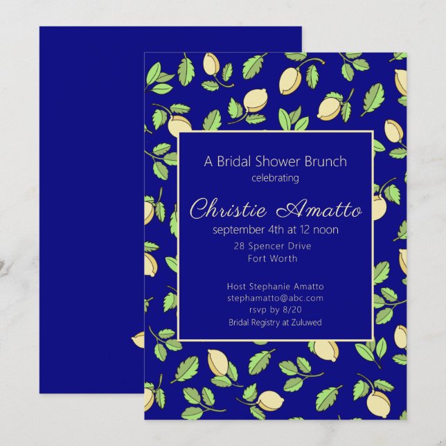 Lemons and Navy Blue Bridal Shower Invitation (Front/Back)