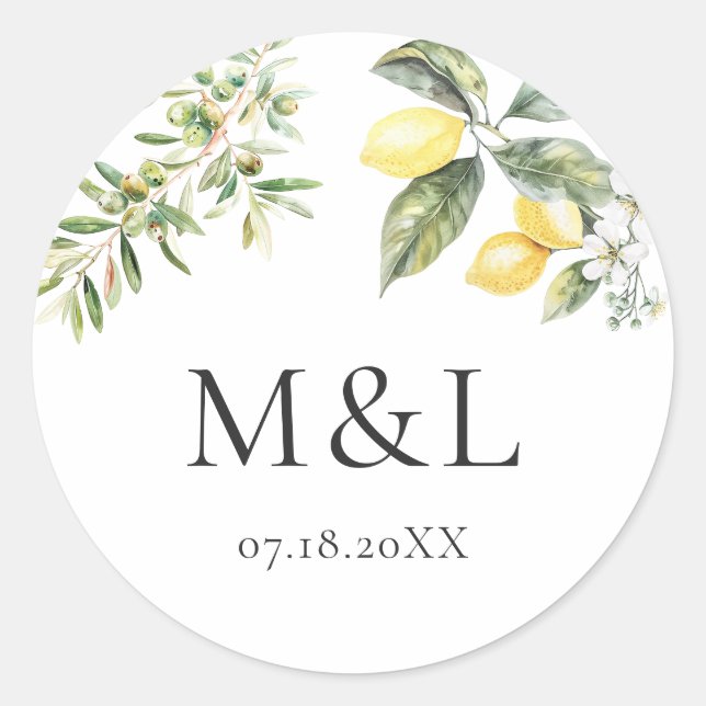 Lemons and Olives Nature Wedding Envelope  Classic Round Sticker (Front)