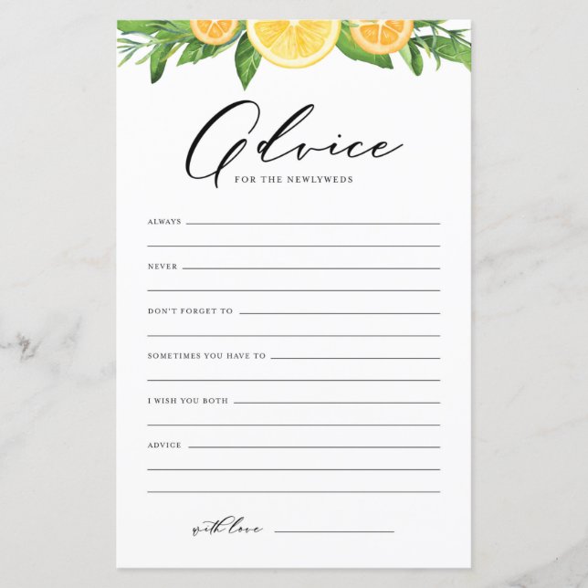 Lemons and Oranges Advice for the Newlyweds Card (Front)