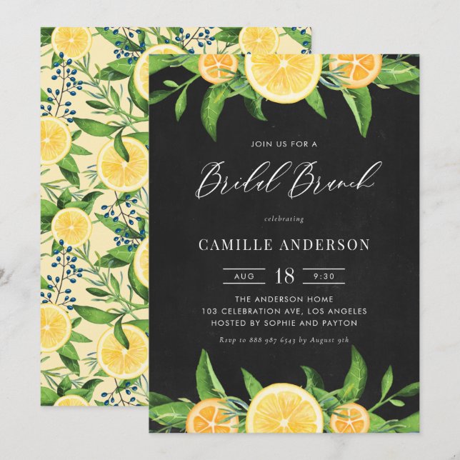 Lemons and Oranges Chalkboard Summer Bridal Brunch Invitation (Front/Back)