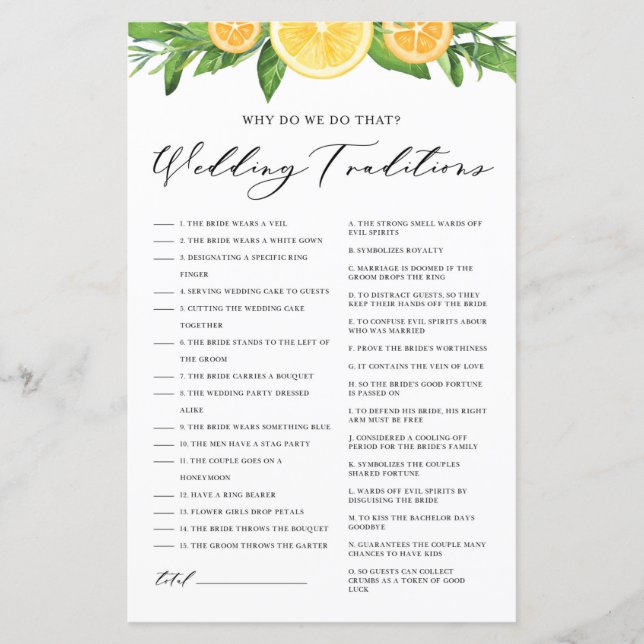 Lemons and Oranges Wedding Traditions Shower Game (Front)