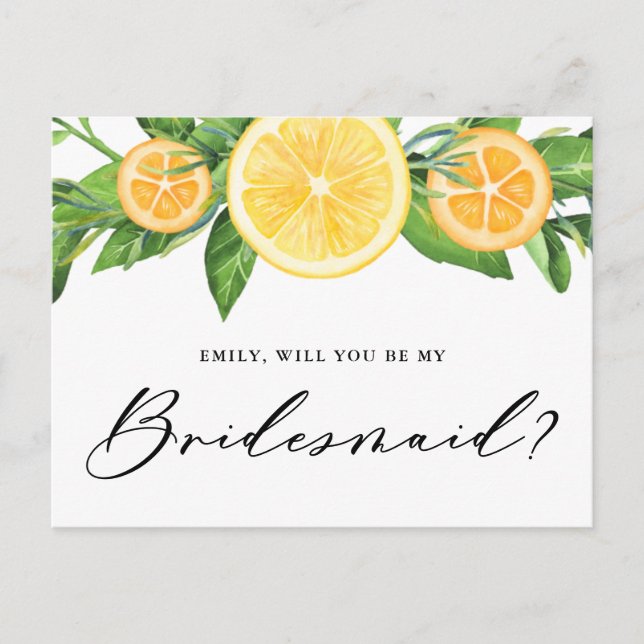 Lemons and Oranges Will You Be My Bridesmaid Postcard (Front)