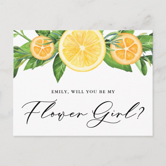 Lemons and Oranges Will You Be My Flower Girl Postcard (Front)