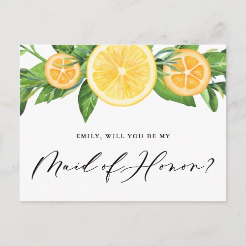 Lemons and Oranges Will You Be My Maid of Honor Postcard