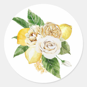 Lemons and roses bouquet classic round sticker