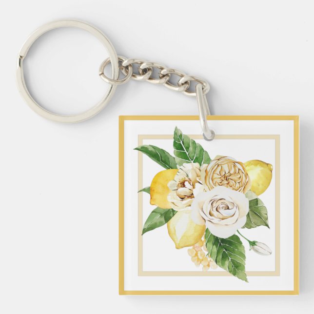 Lemons and roses in yellow frames keychain (Front)