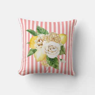 Lemons and roses on coral stripes throw pillow