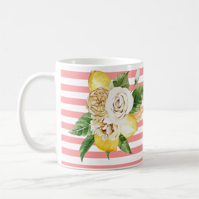 Lemons and roses on pink stripes coffee mug (Left)