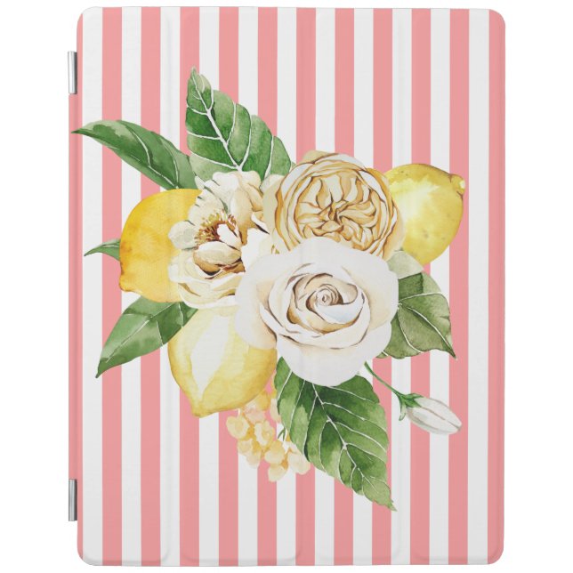 Lemons and roses on pink stripes iPad smart cover (Front)