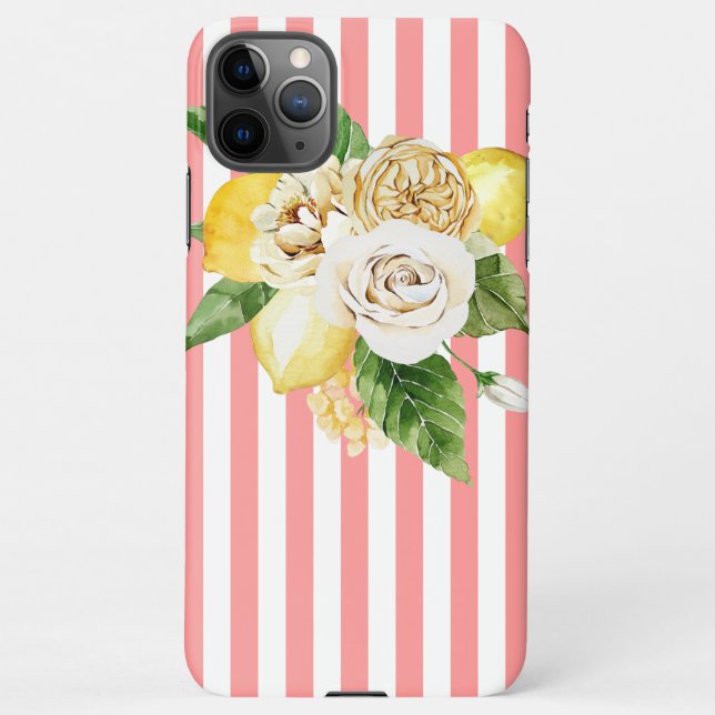 Lemons and roses on pink stripes iPhone case (Back)