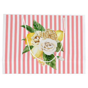 Lemons and roses on pink stripes large gift bag