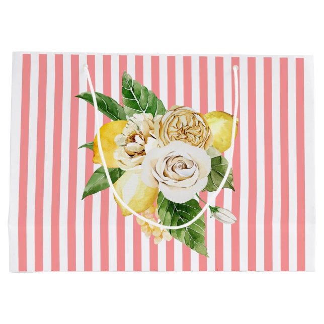 Lemons and roses on pink stripes large gift bag (Back)