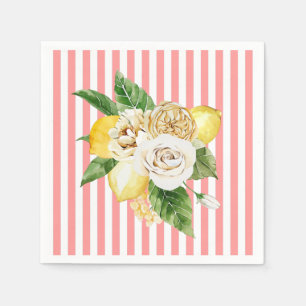 Lemons and roses on pink stripes napkins