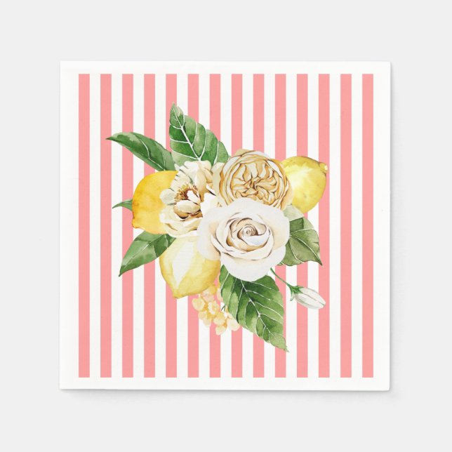 Lemons and roses on pink stripes napkins (Front)
