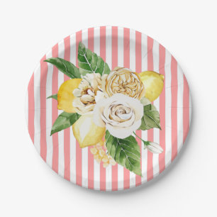 Lemons and roses on pink stripes paper plates