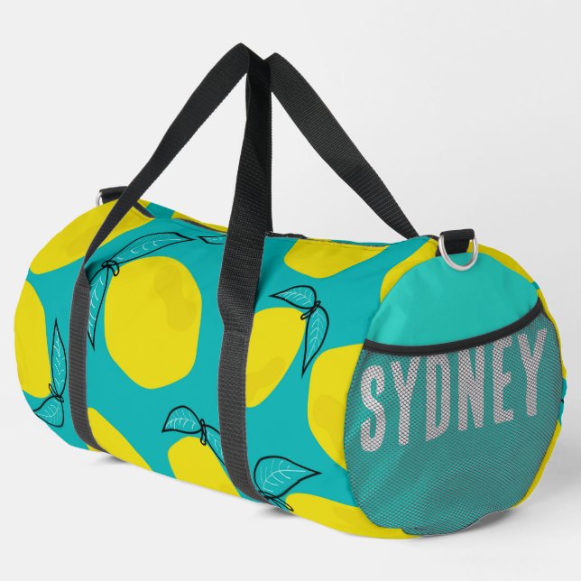 Lemons and Teal Custom Name Duffle Bag (Right Corner)