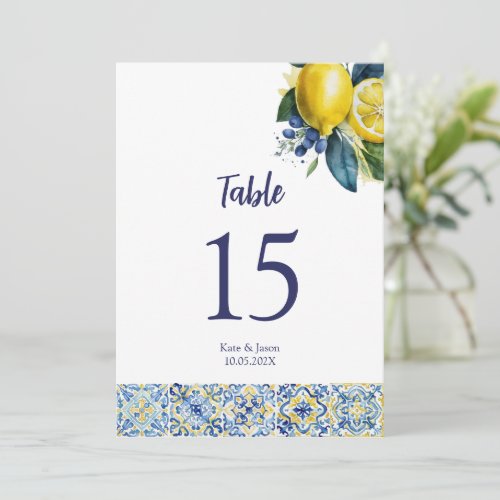 Lemons and tiles Personalized wedding Table Number