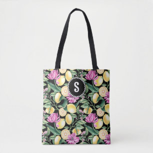 Lemons and Tulips Floral Pattern Citrus Monogram Tote Bag