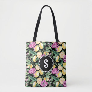 Lemons and Tulips Floral Pattern Citrus Monogram Tote Bag