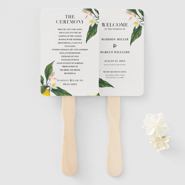 Lemons and White Flowers Blossom Hand Fan (Front and Back)