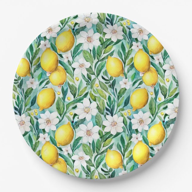 Lemons and White Flowers - French Country Decor Paper Plates (Front)
