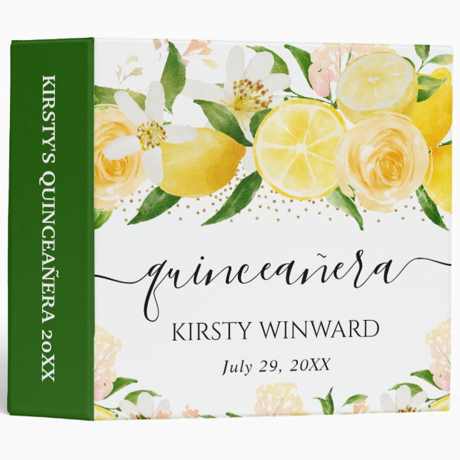 Lemons and White Flowers Quinceanera Photo Album 3 Ring Binder (Front/Spine)