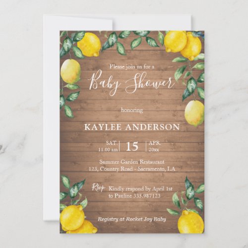 Lemons and wood rustic Baby shower invitation card