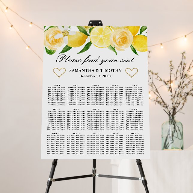 Lemons and Yellow Flowers Wedding Seating Chart Foam Board (In Situ (Stand))