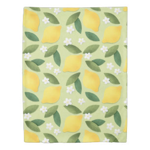 Lemons ans White Flowers on Green Background Duvet Cover
