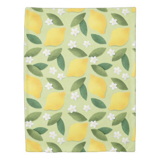 Lemons ans White Flowers on Green Background Duvet Cover