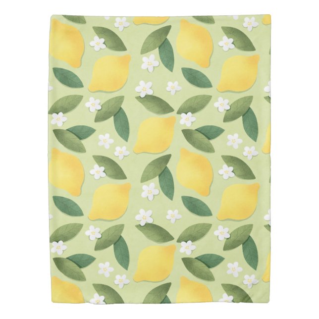 Lemons ans White Flowers on Green Background Duvet Cover (Front)