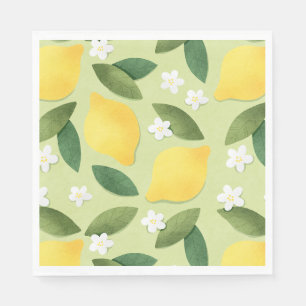 Lemons ans White Flowers on Green Background Napkins