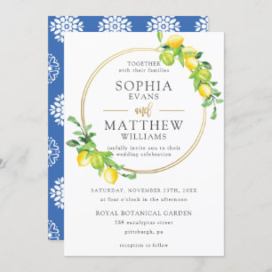 Lemons Azure Summer Greenery Gold Frame Wedding Invitation