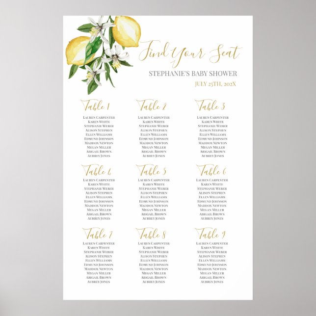 Lemons Baby Shower Girl Seating Chart (Front)
