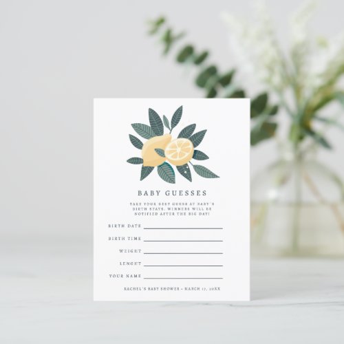 Lemons baby shower guessing game card