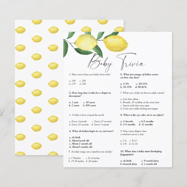 Lemons - Baby Trivia | Baby Shower Game (Front/Back)
