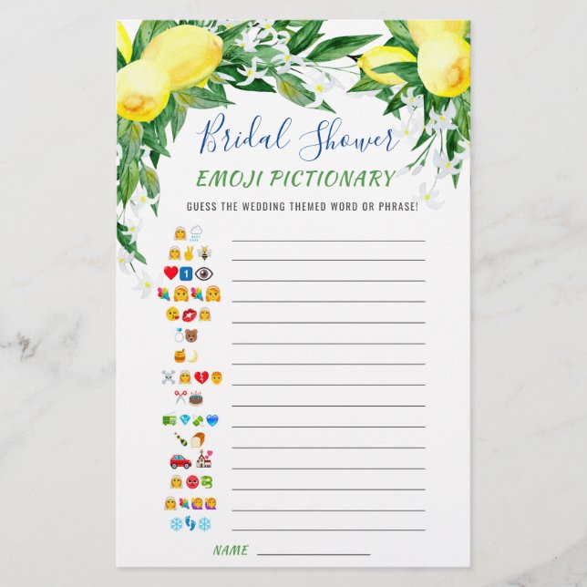 Lemons Blossom Double-Sided Bridal Shower Game (Front)