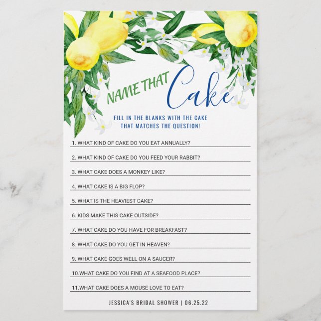 Lemons Blossom Double-Sided Bridal Shower Game (Front)