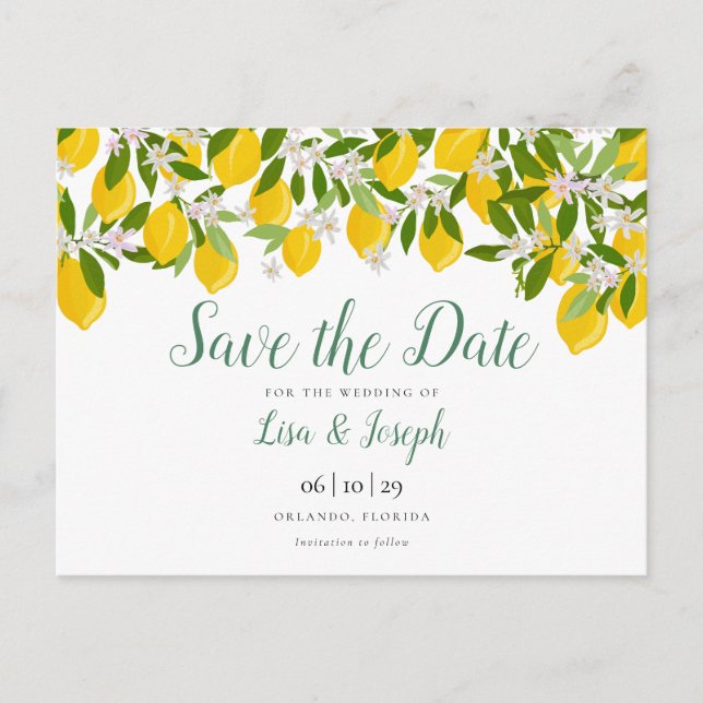 Lemons Blossom Elegant Script Save the Date Announcement Postcard (Front)